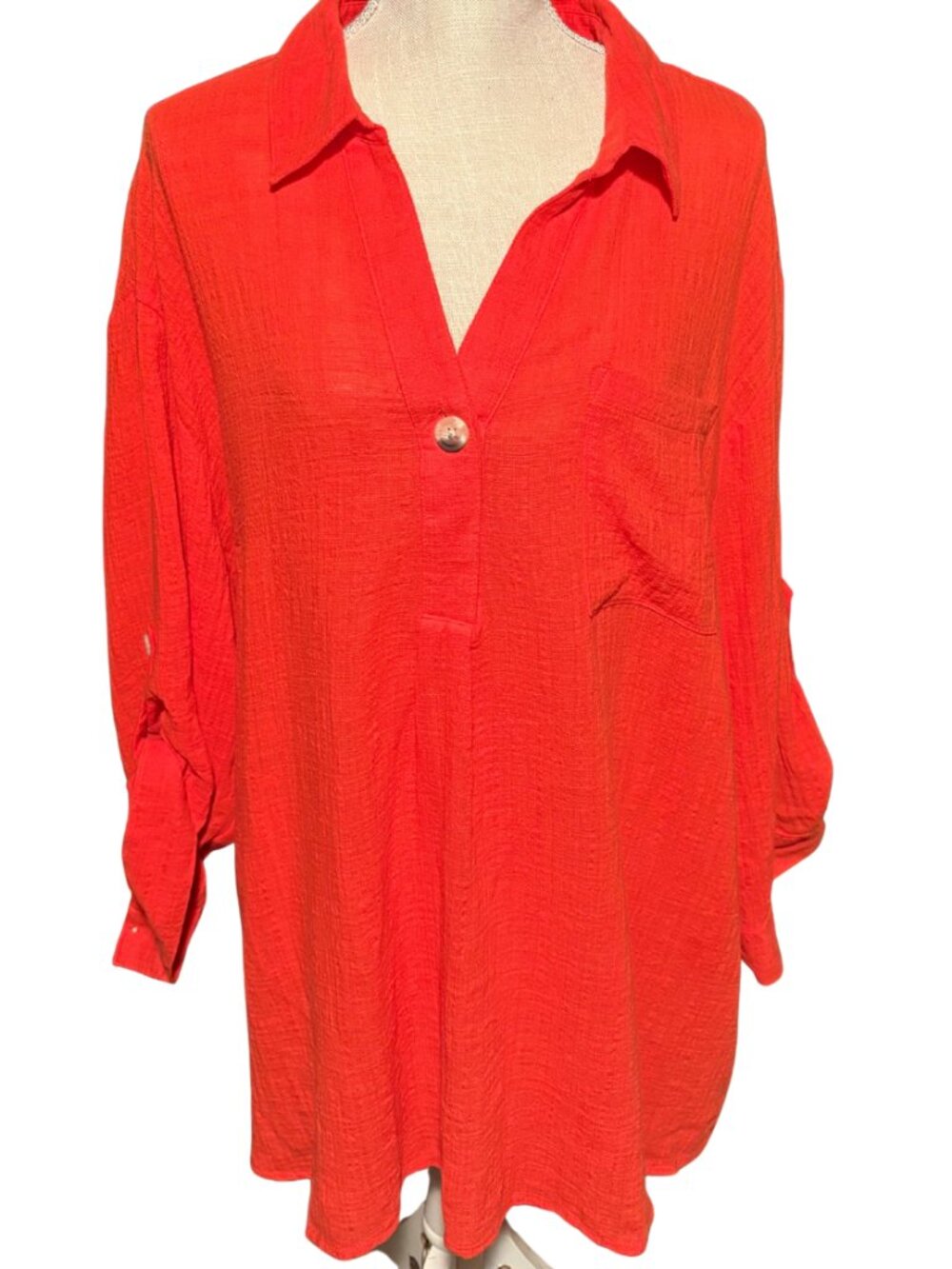 Plus Size 22/24W Red Cotton Gauze Blouse Boho Flowy Tunic Top Lightweight